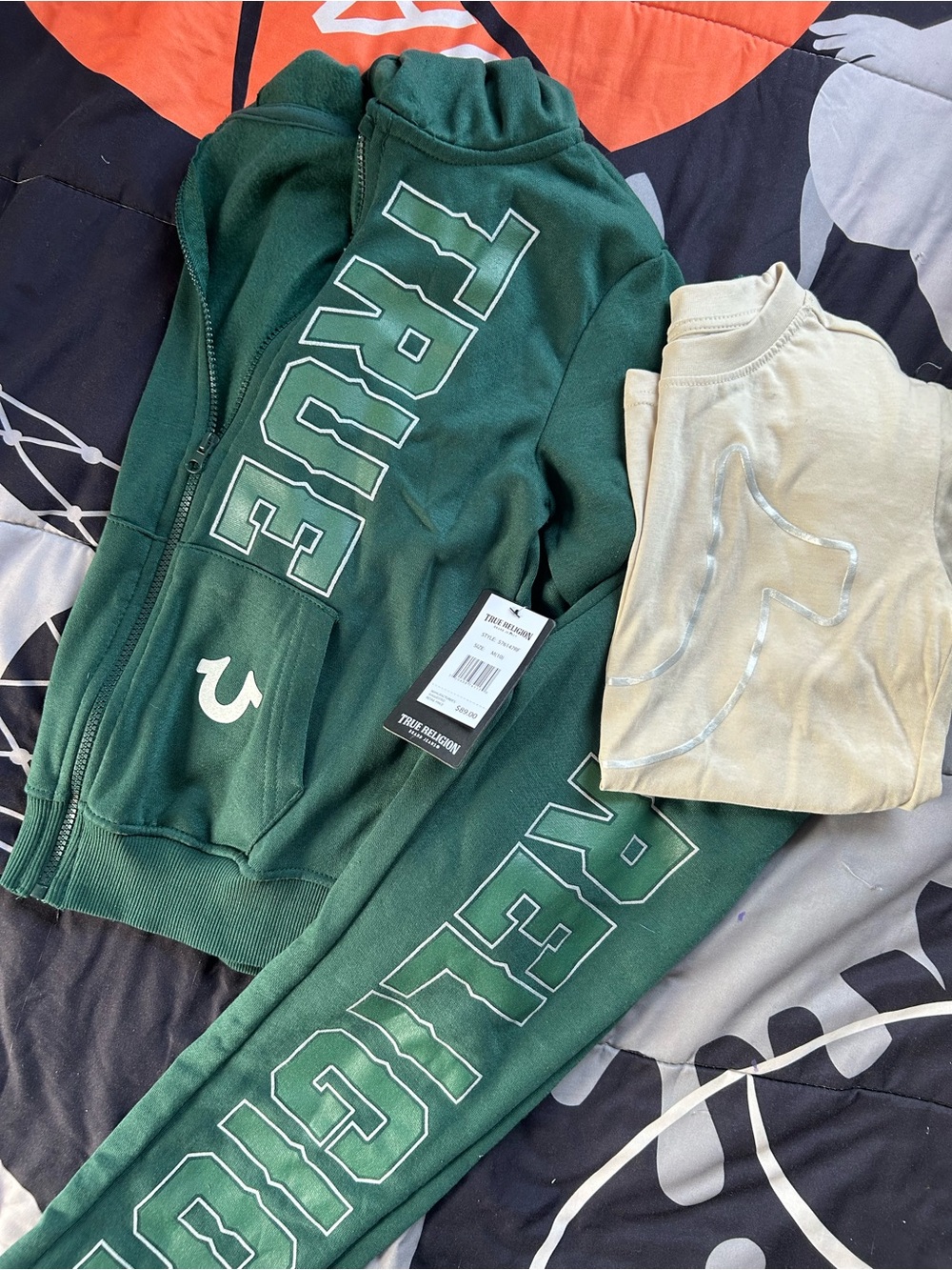 True Religion Boy’s Dark Green Zip-Up Hoodie Set with Short Sleeve Logo Shirt